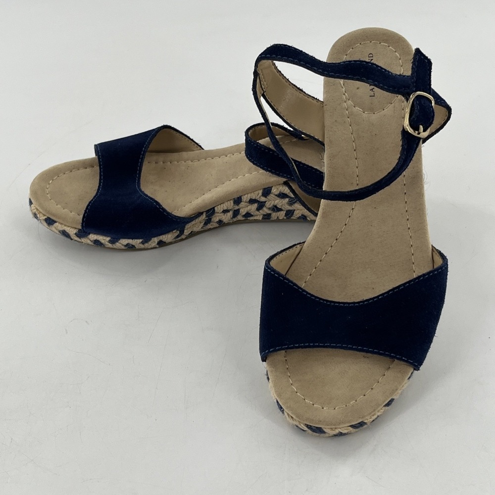Lands End Espadrille Sandal Womens 7 Wedge Slingback Open Toe Blue Suede Chevron